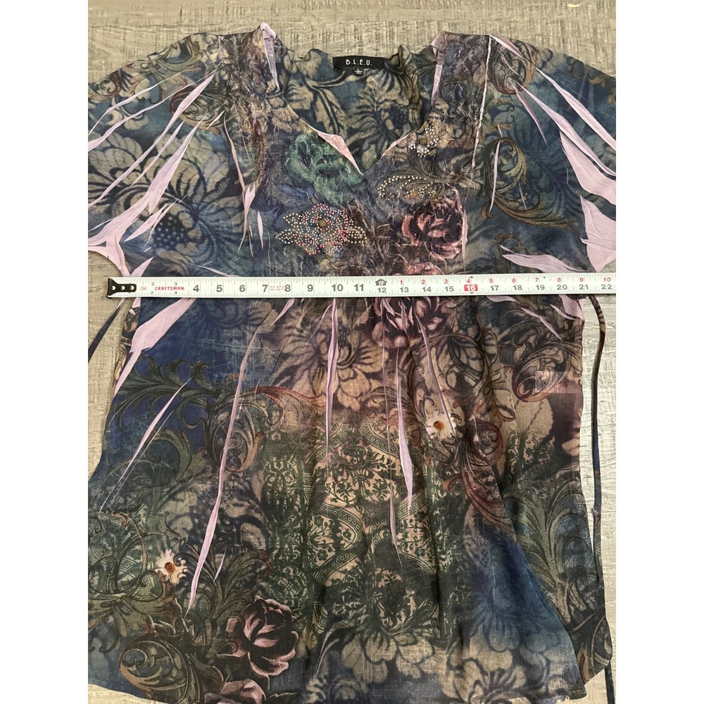B.L.E.U. Womens L Y2K Sheer Boho Floral Paisley Rhinestone‎ Tunic Top - Picture 5 of 6